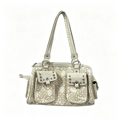 Y2K Retro Printed Shoulder Bag with Rivet Multi-Pocket Tote
