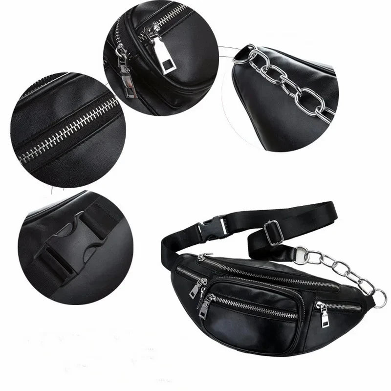 Punk Leather Fanny Pack for Women – Belt Waist Bag with Chain Detail
