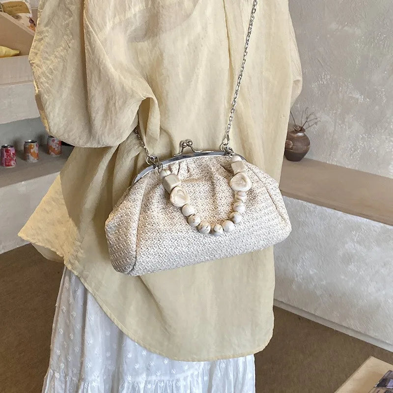 Kiss Lock Clutch Bag – Vintage Woven Beaded Handle Handbag
