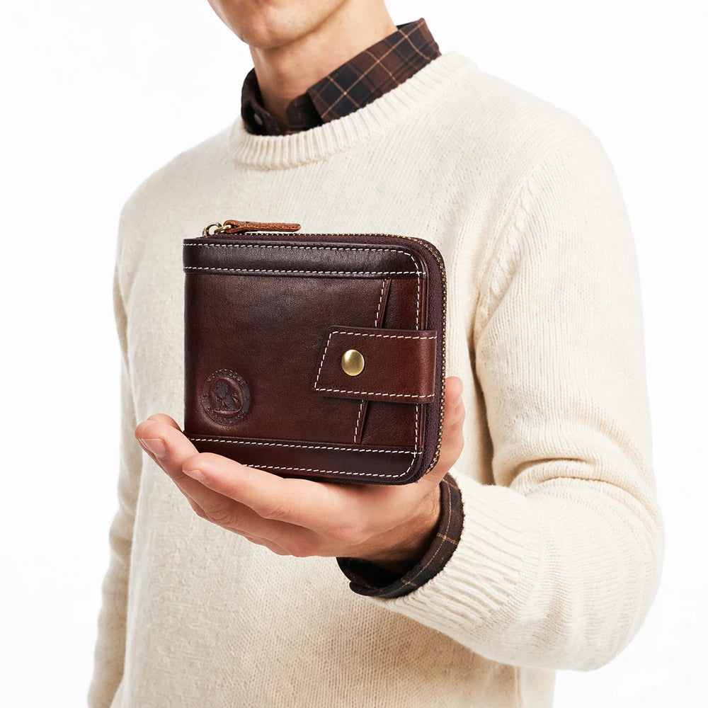 Men's Leather Zipper Wallet with Coin Purse & Card Slots