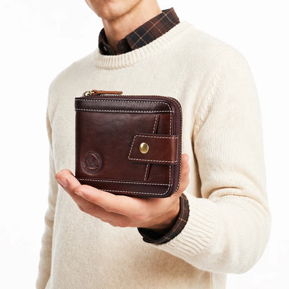 Men's Leather Zipper Wallet with Coin Purse & Card Slots