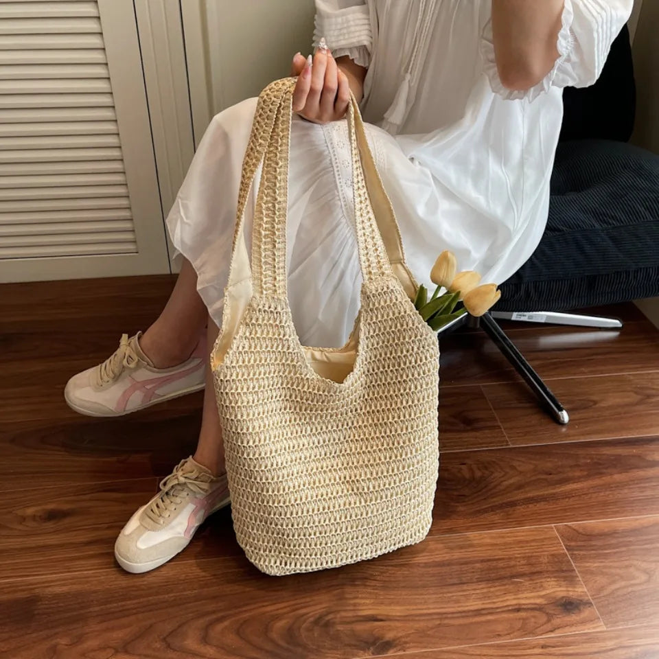 Woven Straw Beach Tote Bag for Women – Large Capacity Shoulder Bag