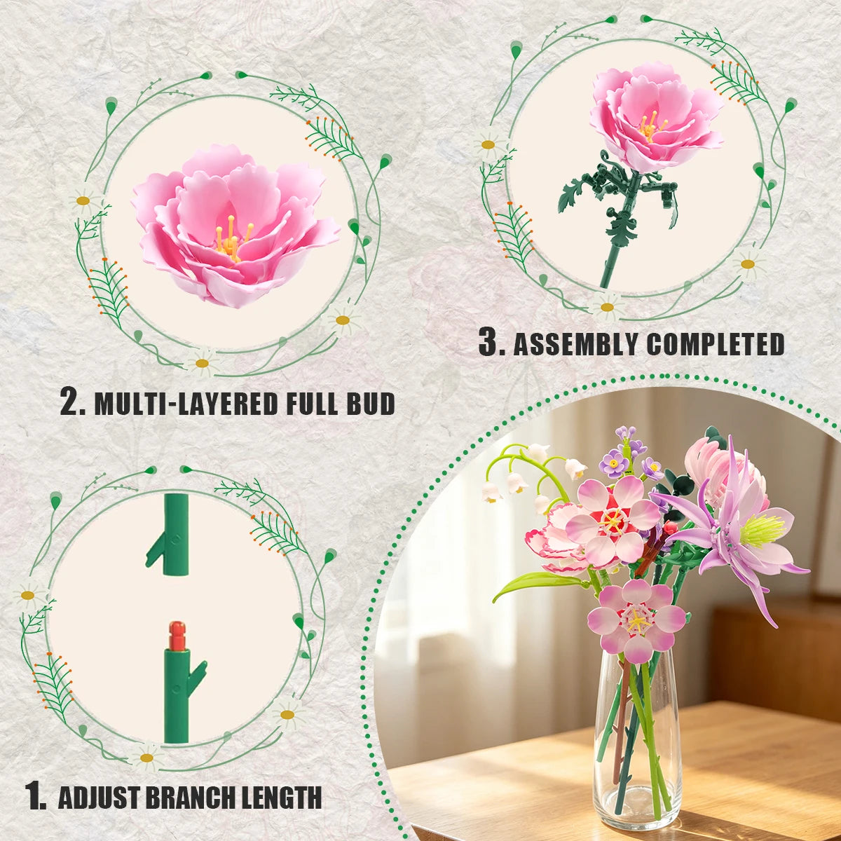 Flower Bouquet Building Blocks MOC Set – Tulip, Peony, Rose & More