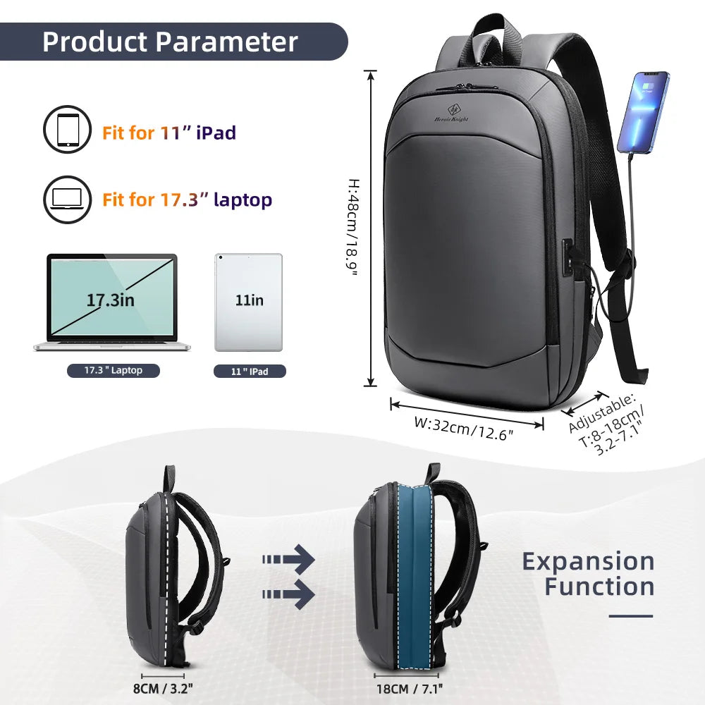 Business Backpack for Men – 17" Laptop, USB Port, Slim Expandable, Waterproof