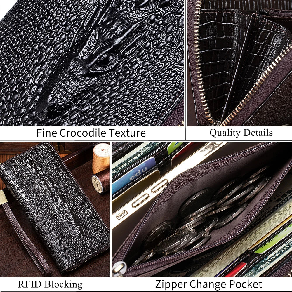 Crocodile Pattern Genuine Leather Long Zipper Wallet