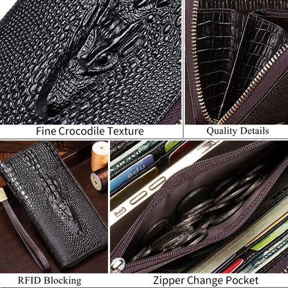 Crocodile Pattern Genuine Leather Long Zipper Wallet