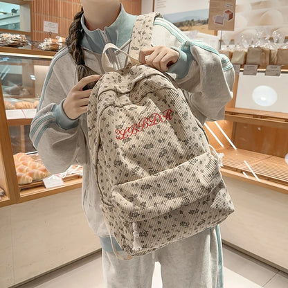 Floral Corduroy Backpack for Women – Cute Embroidery School Bag