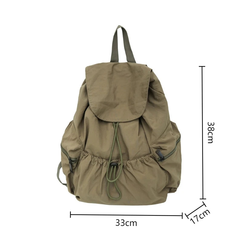 Pleated Drawstring Nylon Backpack – Large Capacity School Bag for Women