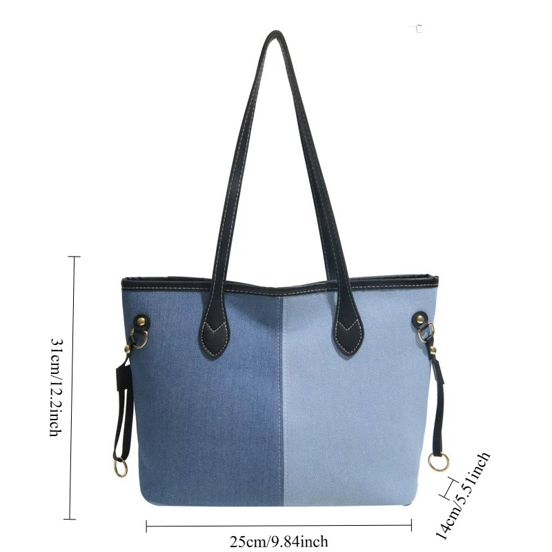 Large Capacity Denim Tote Bag for Women – Commuter Shoulder Bag