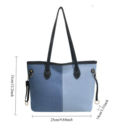 Large Capacity Denim Tote Bag for Women – Commuter Shoulder Bag