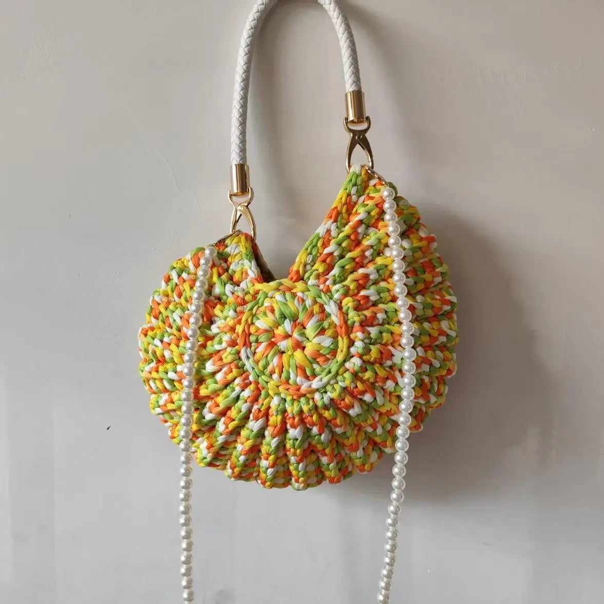 Crochet Conch Shoulder Bag with Pearl Chain – Handmade Woven Bag