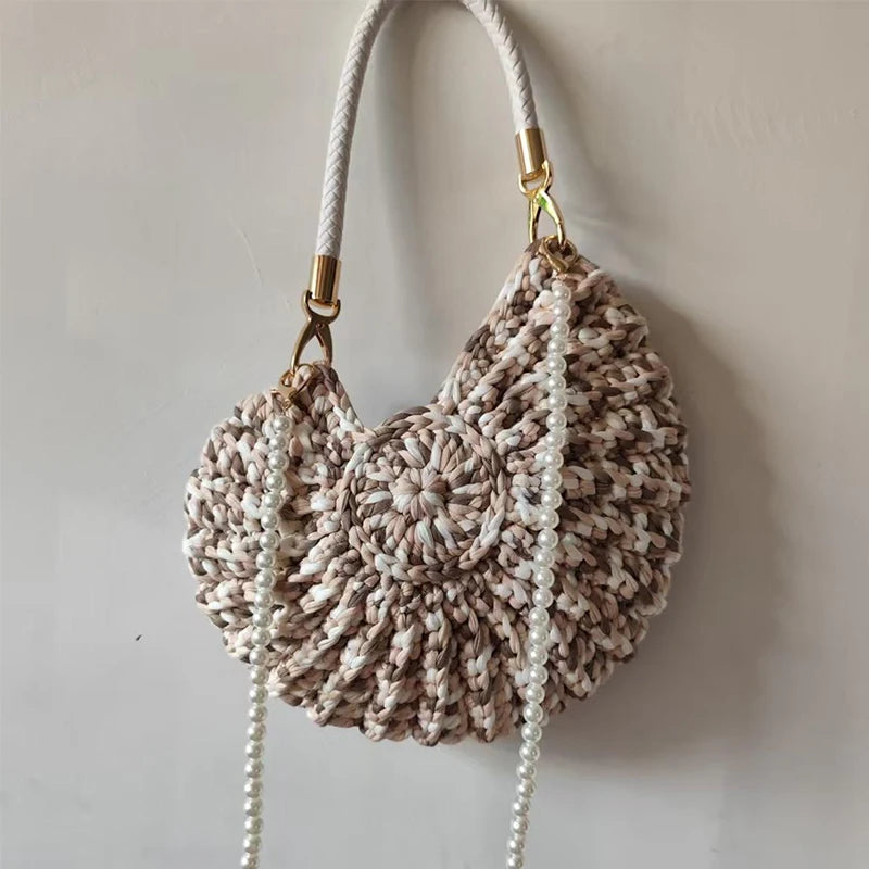 Crochet Conch Shoulder Bag with Pearl Chain – Handmade Woven Bag
