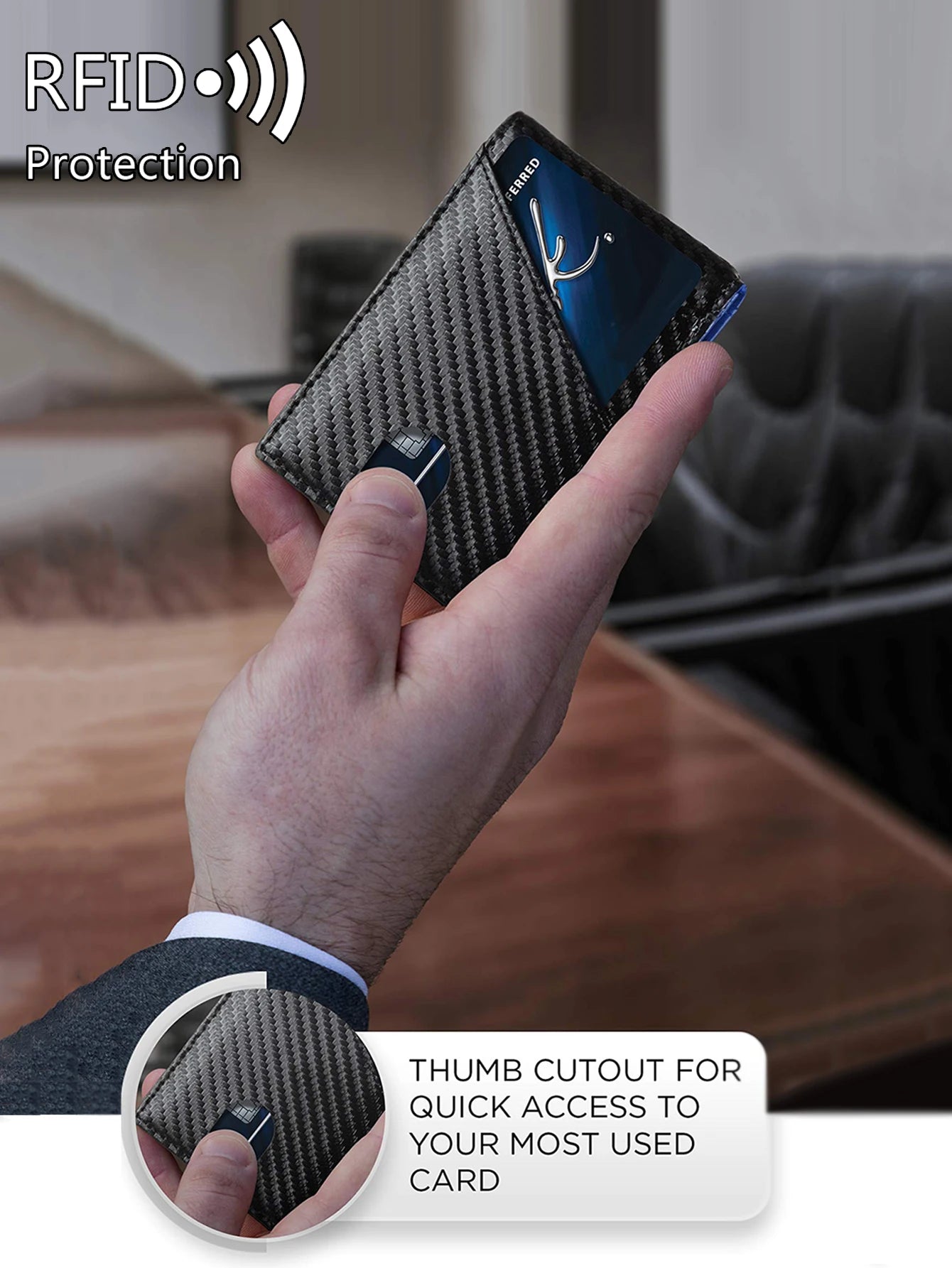 RFID Blocking Carbon Fiber Slim Front Pocket Wallet for Men
