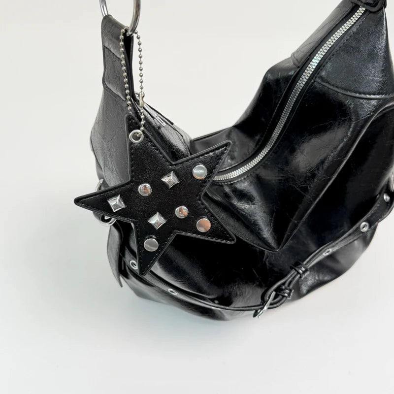Moods Biker Style Shoulder Hobo Bags Women Soft Pu Leather Large Capacity Shopper Totes Rivets Decor