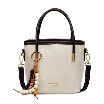 Leather Bucket Bag – Women's Crossbody Handbag with Bead Charm