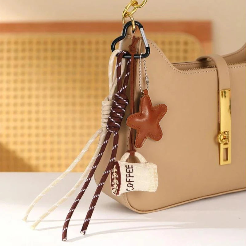 Kawaii Coffee Keychain Bag Charm with Embroidery Linen Pendant