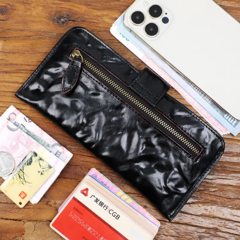 Genuine Leather Long Wallet – Retro Snap Closure Phone & Card Organizer
