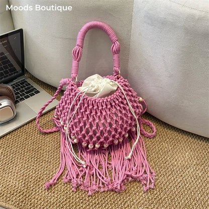 Moods Boho Style Shoulder Basket Bags Women 2-In-1 Yarn Knitted Drawstring Bucket Handbags Summer