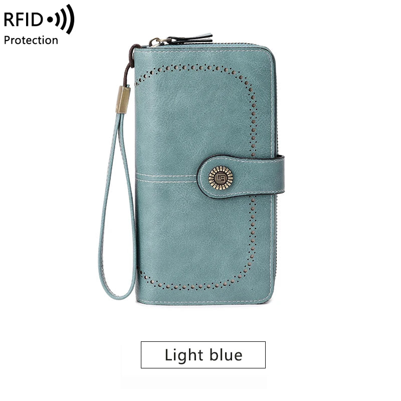 RFID Blocking Women's Trifold Long Wallet – Large Capacity Retro Leather Clutch