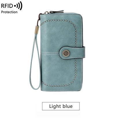 RFID Blocking Women's Trifold Long Wallet – Large Capacity Retro Leather Clutch