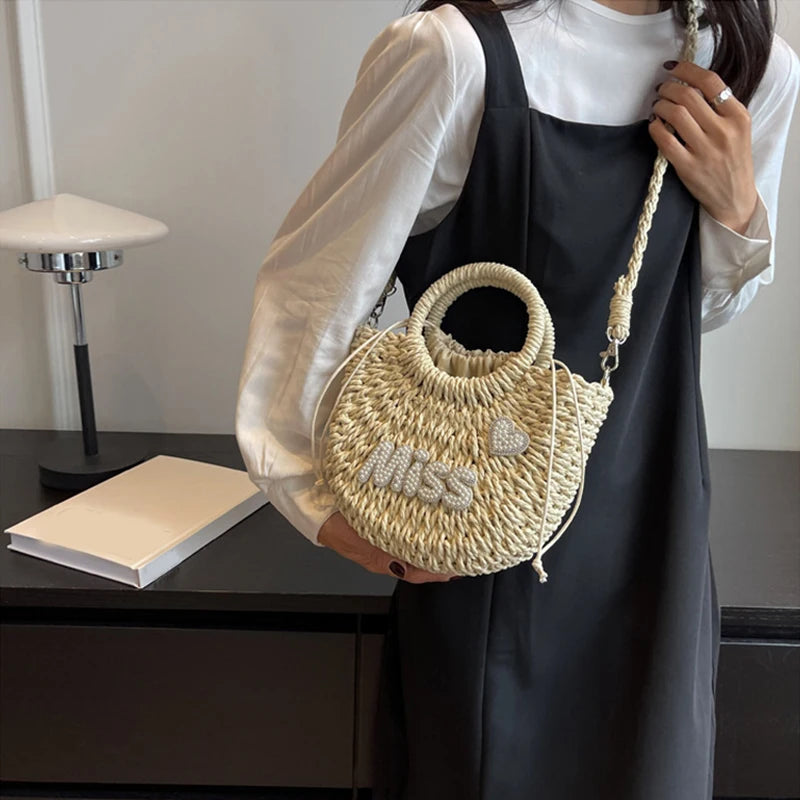 Round Straw Tote Bag – Pearl MISS Letter Woven Handbag