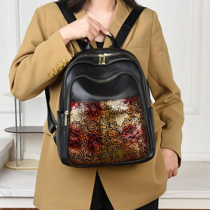 Floral Embossed Leather Backpack for Women – Large Capacity