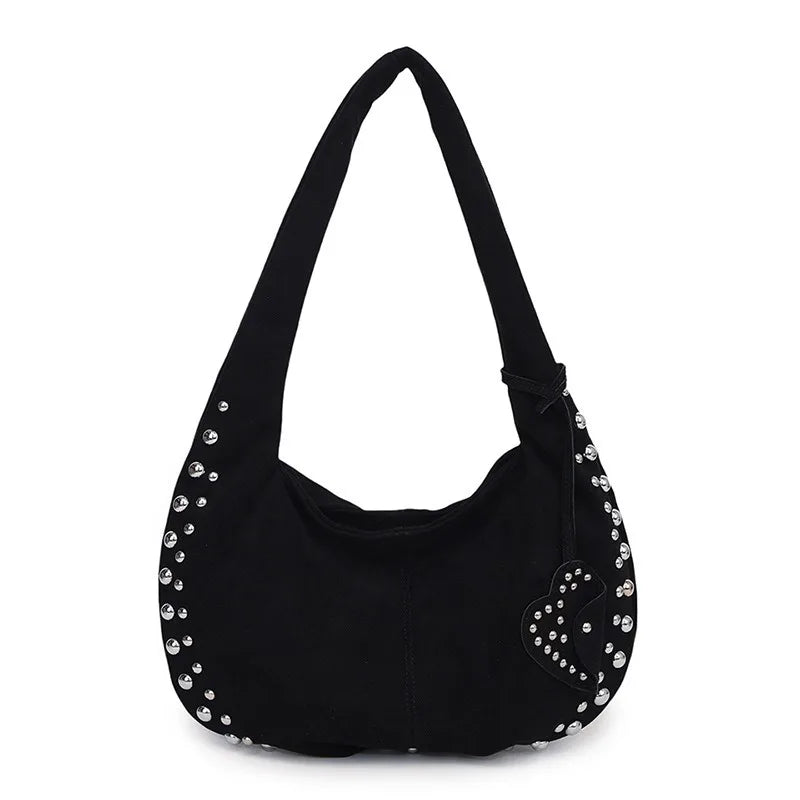 Rivet Studded Hobo Shoulder Bag – Women's Half Moon Tote