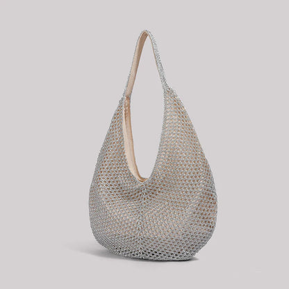 Silver Woven Mesh Hobo Tote Bag Large Capacity for Women