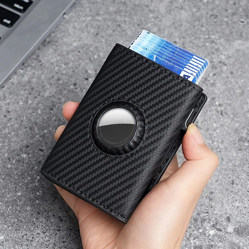 RFID Blocking Carbon Fiber Slim Wallet with AirTag Slot & Auto-Pop Card Holder