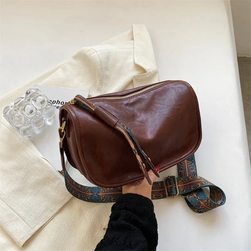 Vintage Leather Crossbody Bag – Pillow Style with Boho Printed Strap