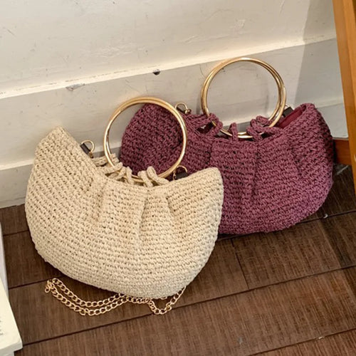 Handwoven Straw Crossbody Bag with Gold Ring Handle