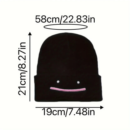 Embroidered Smile Knit Beanie – Stretchy Winter Hat