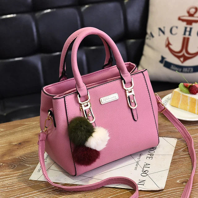 PU Leather Handbag for Women – Crossbody Bag with Fur Ball Charm