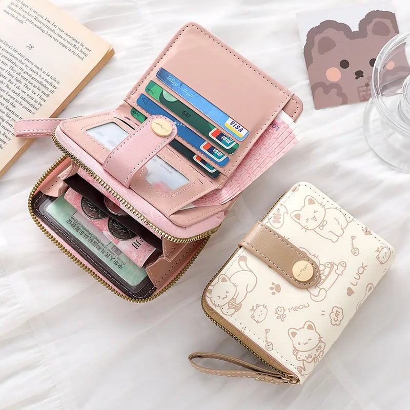Cute Cat Print Short Wallet for Women – PU Leather Coin Purse