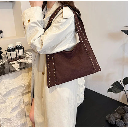 Frosted Leather Rivet Hobo Tote Bag – Women's Large Capacity Shoulder Bag
