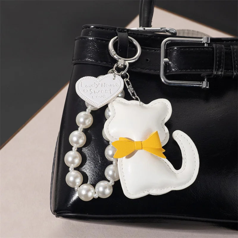 Cute Cat Leather Keychain with Pearl Bracelet & Bow