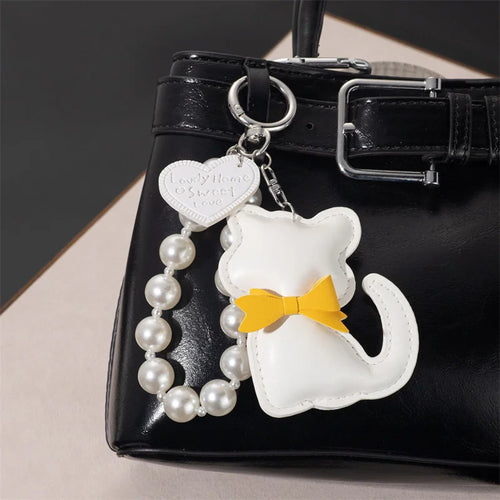 Cute Cat Leather Keychain with Pearl Bracelet & Bow