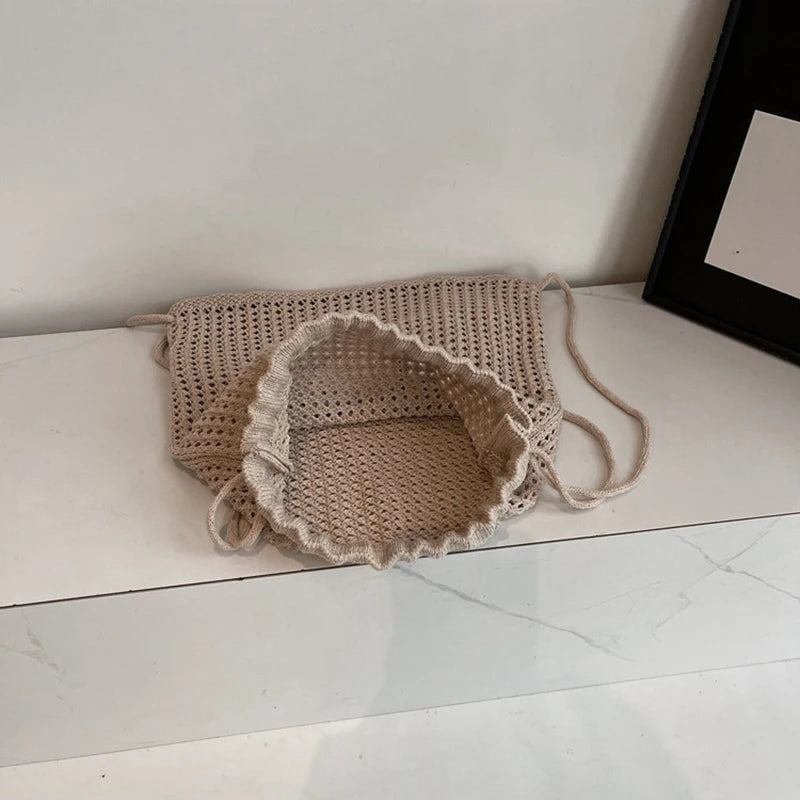 Crochet Drawstring Backpack for Women – Hollow Knit Flower Bag