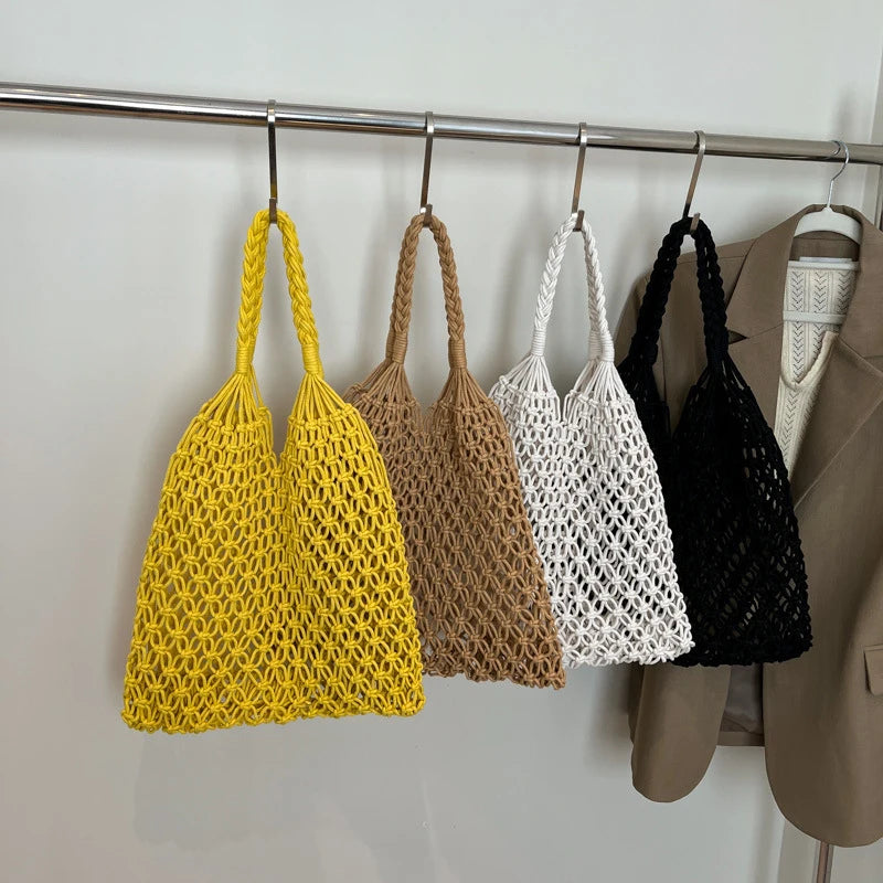 Boho Woven Tote Bag – Handmade Hollow Knit Beach Handbag