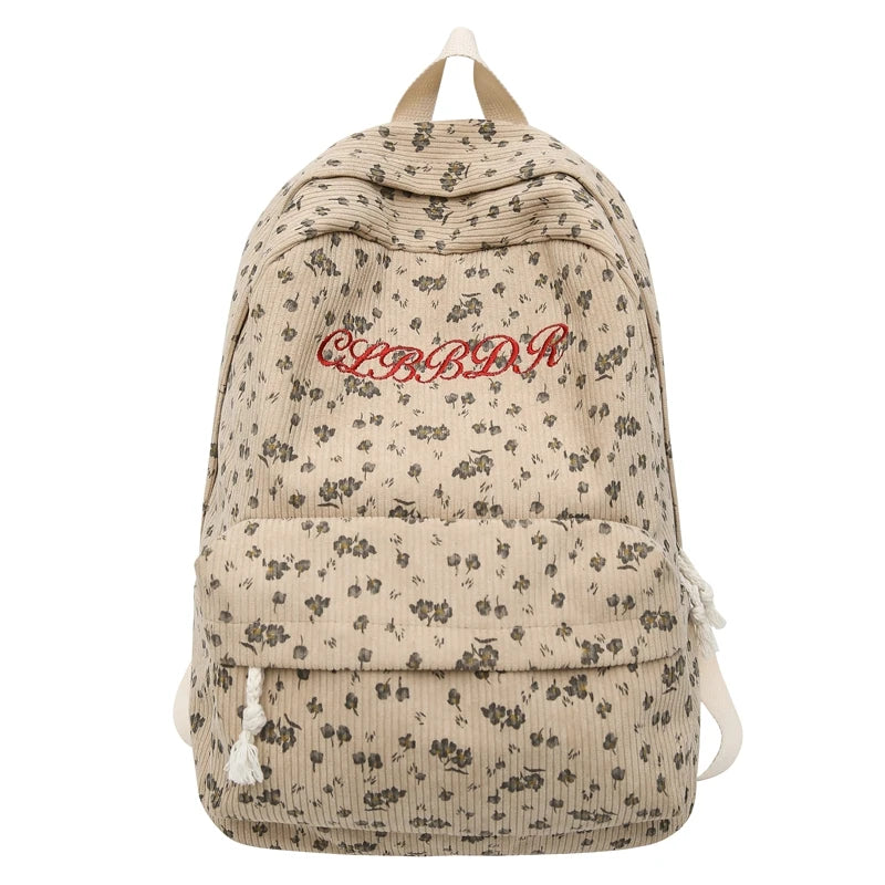 Floral Corduroy Backpack for Women – Cute Embroidery School Bag