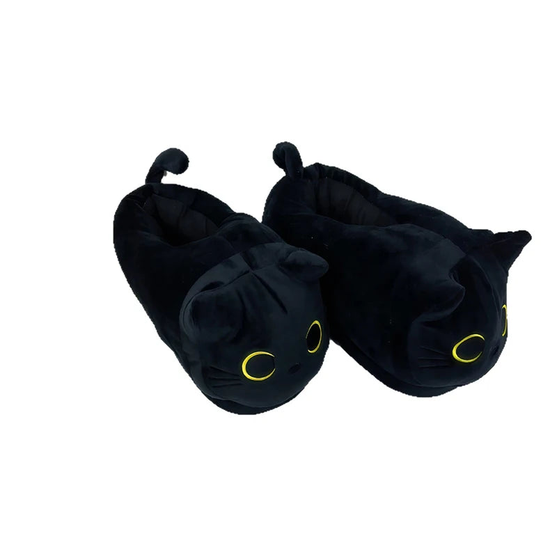 Black Cat Plush Slippers – Funny Warm Indoor House Shoes
