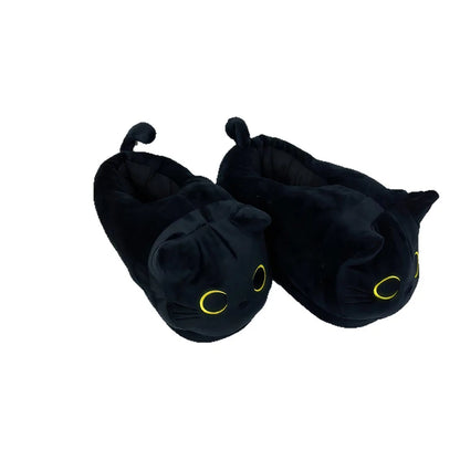 Black Cat Plush Slippers – Funny Warm Indoor House Shoes