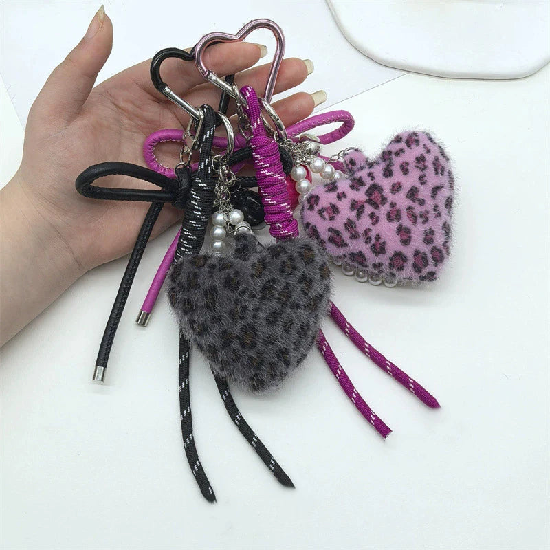 Leopard Heart Plush Keychain – Y2K Charm Bag Pendant for Women