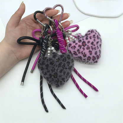 Leopard Heart Plush Keychain – Y2K Charm Bag Pendant for Women