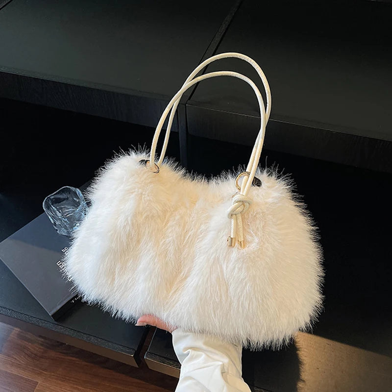 Faux Fur Plush Shoulder Bag – Women's Luxury Tote Handbag