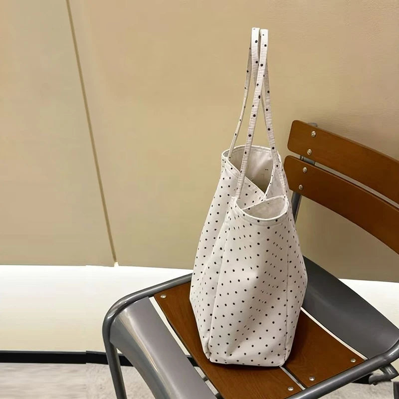 Polka Dot Canvas Tote Bag – Large Lightweight Korean Style Shoulder Bag