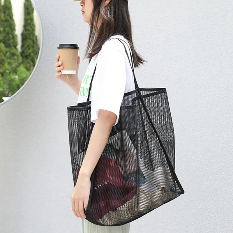 Mesh Tote Bag – Large Capacity Shoulder Bag for Beach, Travel & School