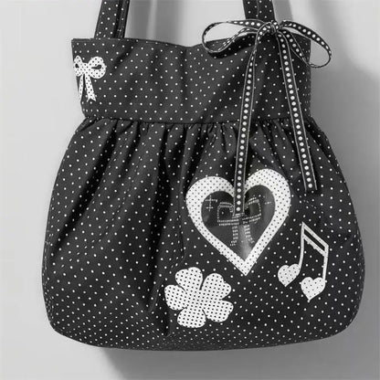 Korean Style Polka Dot Canvas Tote Bag Women Bow Decor Pleated Handbag Large Capacity Casual Daily