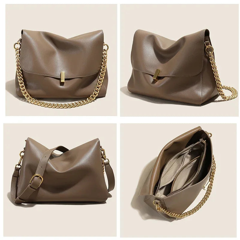 Genuine Leather Chain Shoulder Bag for Women – Luxury Crossbody Tote