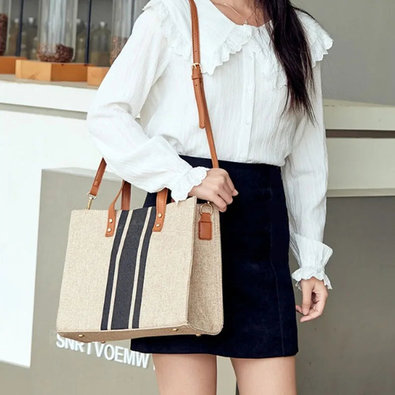 Large Capacity Women's Tote Bag – Striped Canvas Shoulder Handbag